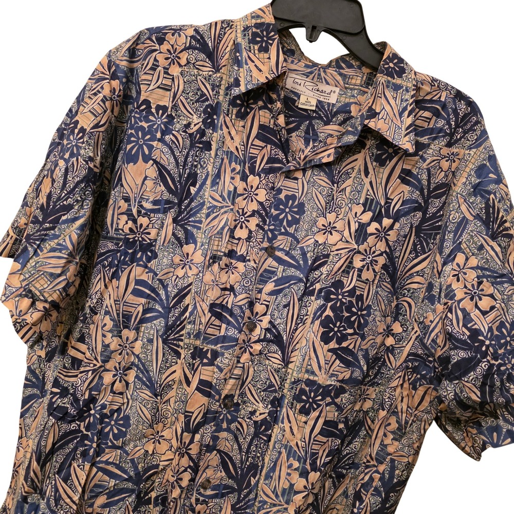 Vintage Tori Richard Honolulu Mens‎ L Blue Tan Floral Cotton Lawn Aloha Hawaiian